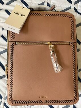 Calpak Cognac Tan Braided-Trim 15” Laptop Backpack